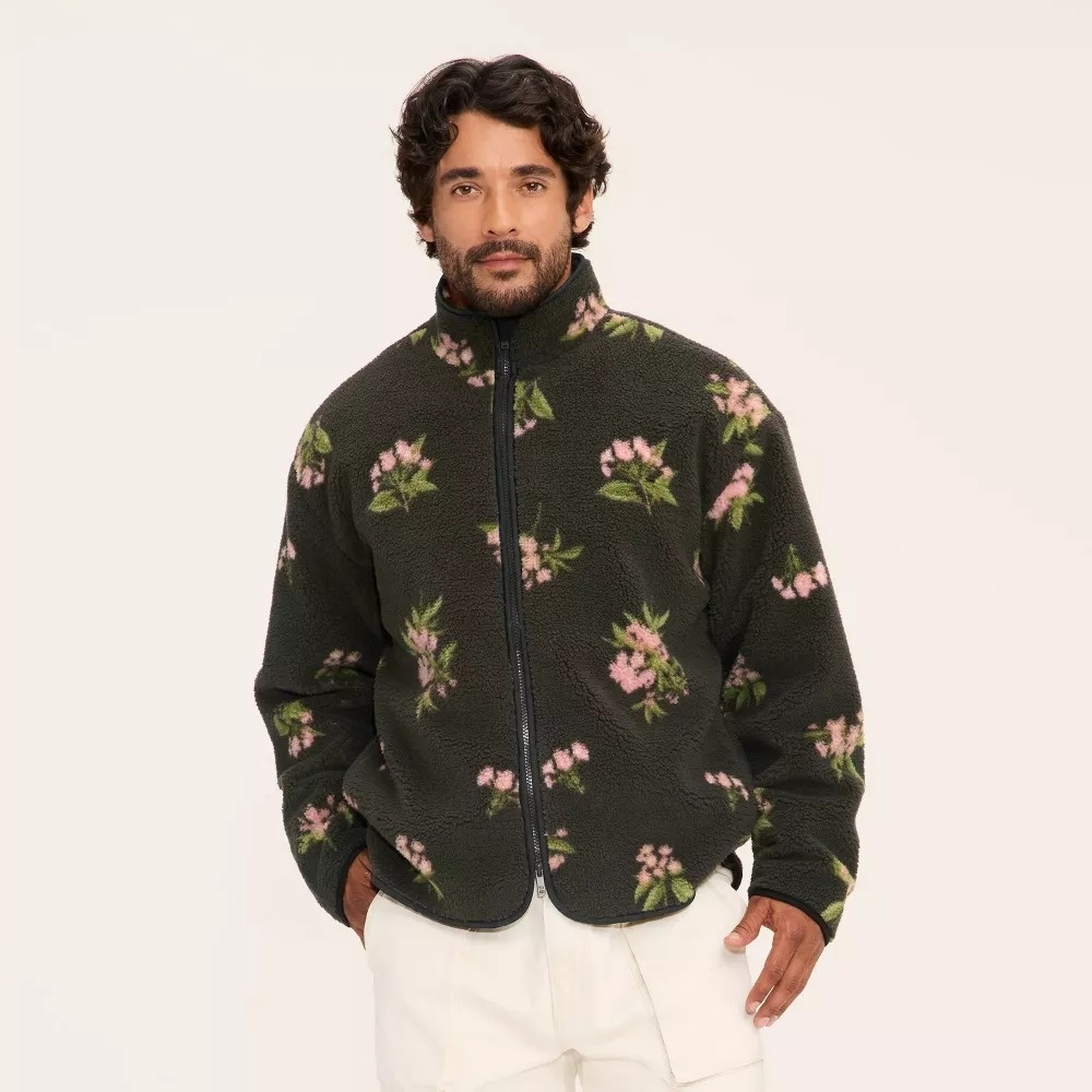 Woolrich x Target Adult Unisex L / Large Floral Zip-Up Fleece Jacket Olive Green - Picture 5 of 7